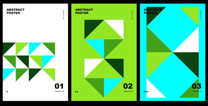 Set of three abstract geometric posters with triangle patterns in green and mint colors