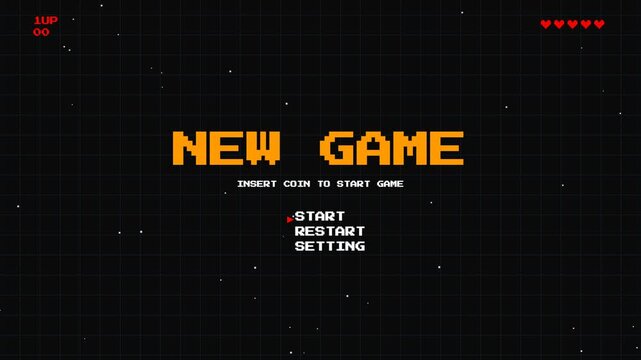 Retro 8-bit game menu screen with orange pixel text and starfield background for nostalgic gaming video interface and ui design