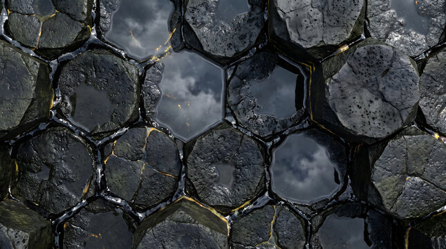 Hexagonal basalt rock columns with geometric pattern. Volcanic stone formation in natural polygonal texture for design elements.