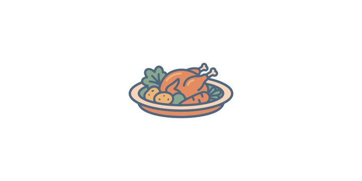 Cartoon Illustration of a Roasted Chicken Dinner on a Plate.