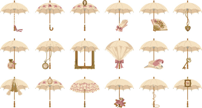 Vintage victorian lace parasol umbrella vector illustration set with elegant antique keys frames pocket watch and decorative ribbon bows,