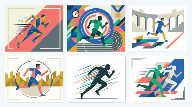 Abstract geometric running poster vector set featuring colorful flat art illustrations of dynamic marathon athletic sprinters