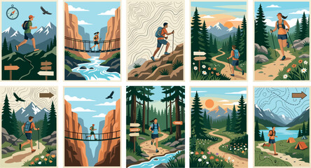 Adventure hiking and trail running poster vector set featuring mountain landscapes forest paths and outdoor explorers © Md