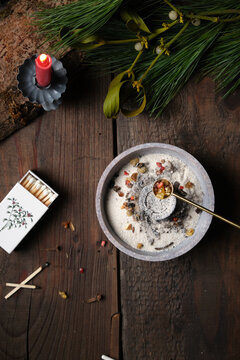 Preparation for an incense ritual - placing incense with a spoon a glowing charcoal