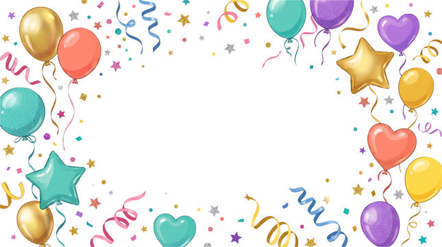 Festive frame with colorful balloons, confetti, and streamers, isolated on transparent background