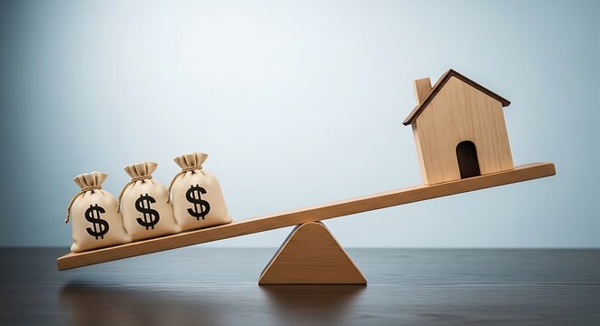 Wooden seesaw balancing money bags against a miniature house, illustrating home financing