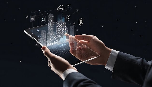 Businessman Hands Holding Digital Tablet with Holographic Smart City AI Technology, Cloud Computing Security and Data Analytics Concept on Dark Background
