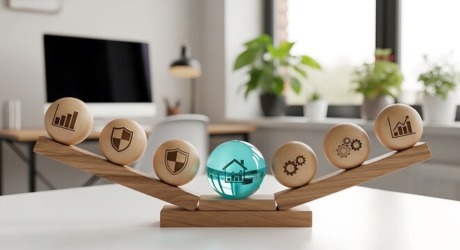 Wooden seesaw with spheres depicting data, security, and housing, indoors with plants and a monitor