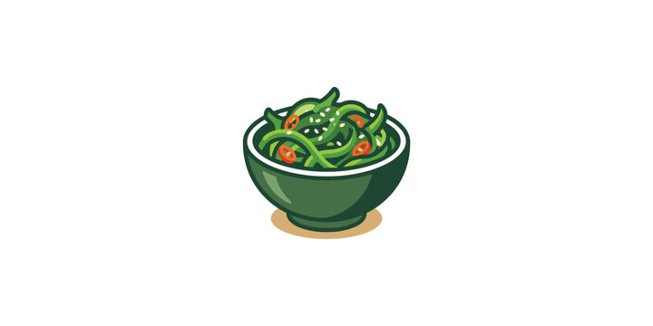 Cartoon Illustration of Fresh Seaweed Salad in a Green Bowl.