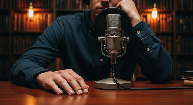 Man resting head on microphone in studio