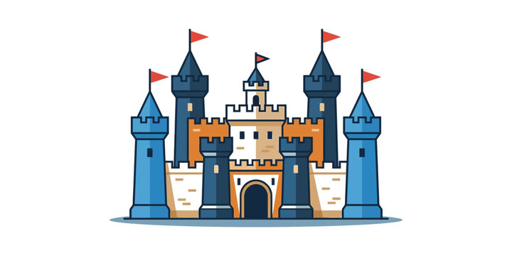 Cartoon medieval castle with blue towers and flags.