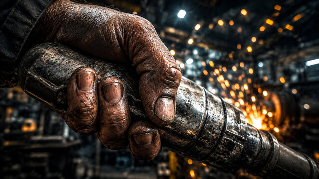 Dirty hand of metalworker holding heavy industrial tool with welding sparks in background