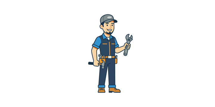 Cartoon mechanic character holding a wrench wearing work uniform.