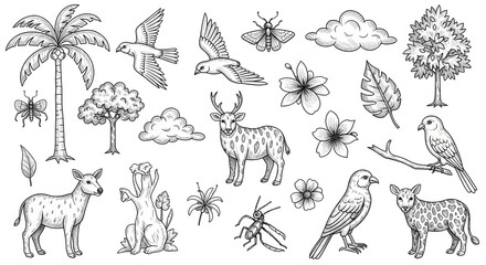 Obraz premium Cute Wild Animals Collection Set with Cartoon Birds Cats Owls Fish and Butterflies Vector Illustration Design for Nature Seamless Pattern and Kids Artwork