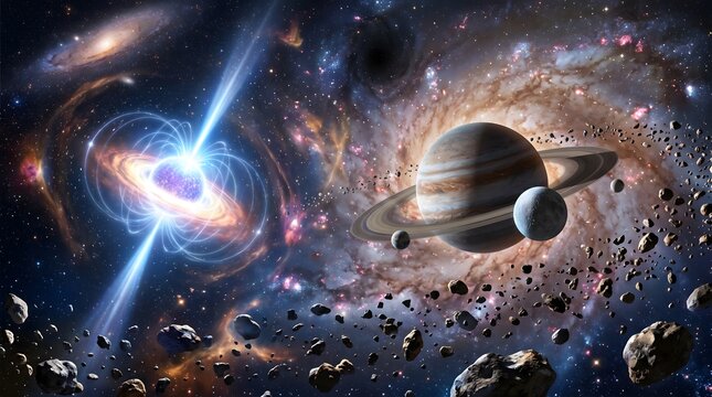 A breathtaking space illustration showing a massive black hole with glowing accretion disk, surrounded by planets, asteroids, and distant galaxies.