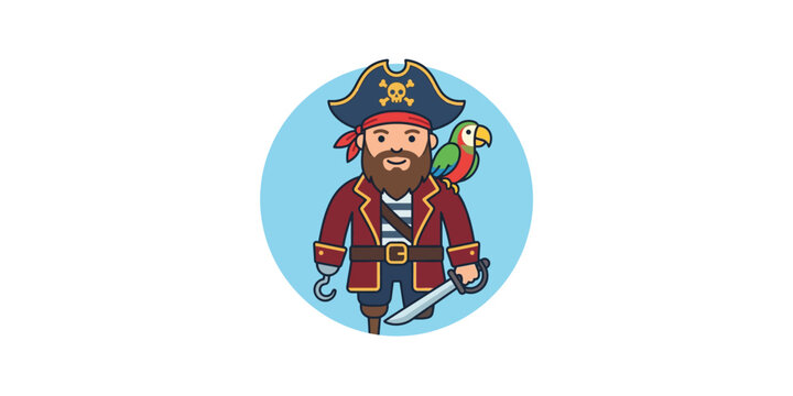 Cartoon pirate captain character with parrot on shoulder and hook hand.