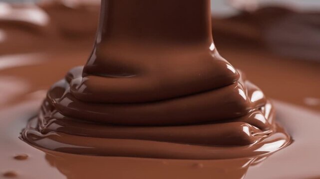 Macro shot of thick melted milk chocolate pouring onto a smooth surface. High-viscosity liquid creates glossy folds and ripples. Detailed close-up of brown cocoa cream texture.