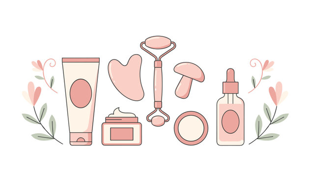 Beauty tools and skincare products featuring roller, gua sha stone, cream jar, dropper bottle, and floral decorations on white background.
