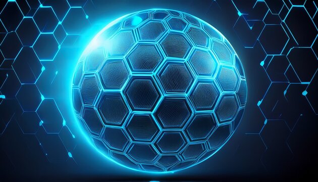 Abstract Blue Energy Shield Sphere With Hexagon Patterns