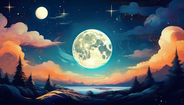 Peaceful Good Night Illustration With Glowing Moon And Dreamy Sky