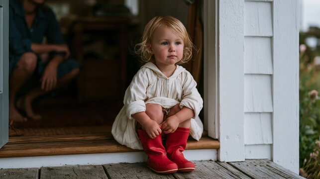 Toddler attempting to independently put on rubber boots at cottage doorway round face scrunched in concentration small hands gripping boot top parent crouching just out of frame