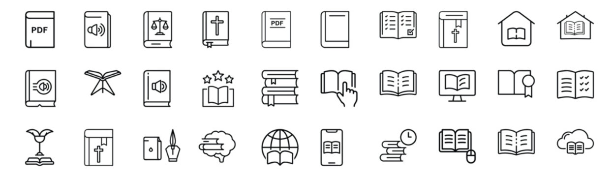 E-learning platform and digital book line icons set, cloud digital library e-book, global internet education network, brain creativity intelligence memory & more vector
