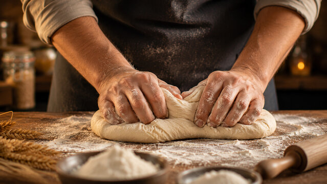 Baker kneading fresh bread dough on floured wooden table in bakery