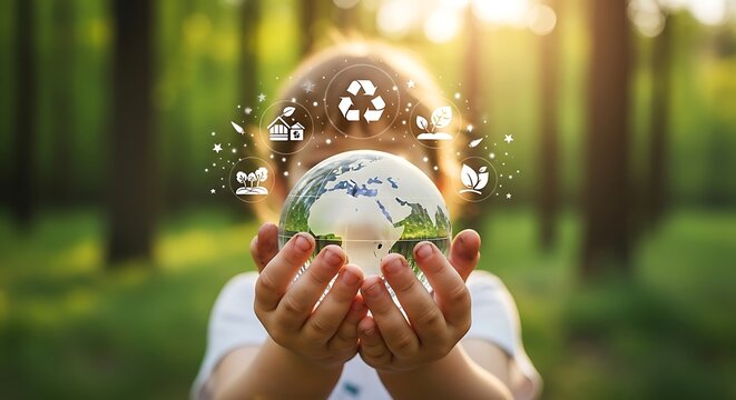 Young child holding a glass globe with environmental icons, set against a green forest background