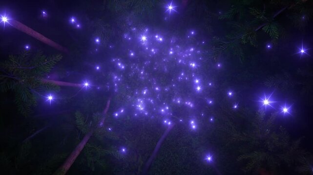 Enchanted forest with fireflies glowing brighter from directly above i