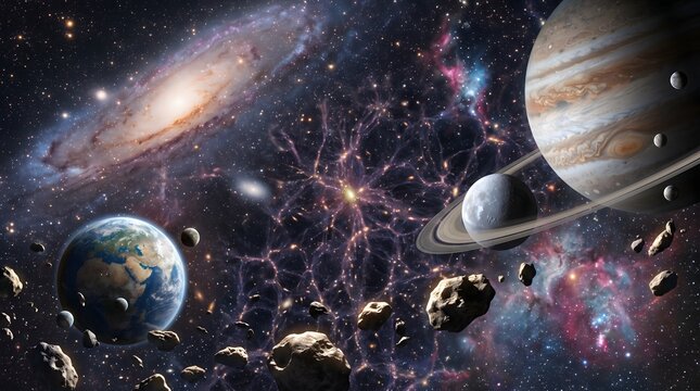 A stunning space illustration featuring Earth, Saturn, planets, asteroids, and colorful galaxies connected by cosmic light.