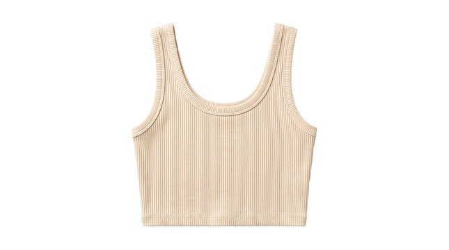 Blank beige ribbed knit women crop tank top shirt mockup isolated on transparent background for modern activewear apparel catalog
