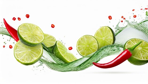 Fresh Lime Slices And Red Chili Peppers Falling In A Wave Isolated On White Background