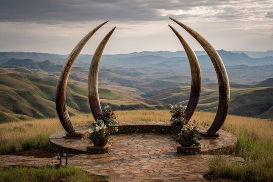 Scenic overlook with giant arching structures resembling tusks, and rolling hills under a cloudy sky