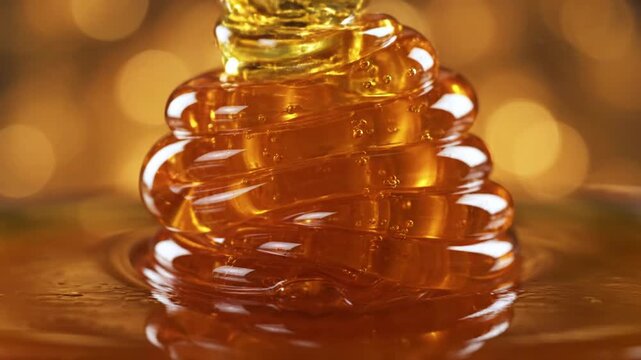 Macro close-up of thick golden honey pouring in a slow stream and folding onto itself in layers, creating a viscous liquid texture against a warm blurred bokeh background.