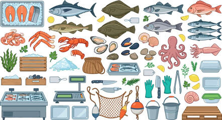 Fresh seafood fish market retail display set with raw tuna crab lobster octopus and commercial equipment vector © Md