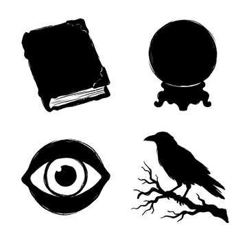Halloween, Mystical occult silhouette icons, set of 4 magic vector elements, black raven on branch and crystal ball, ancient spell book and all seeing eye isolated on White Background