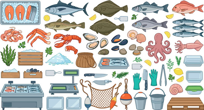 Fresh seafood fish market retail display set with raw tuna crab lobster octopus and commercial equipment vector