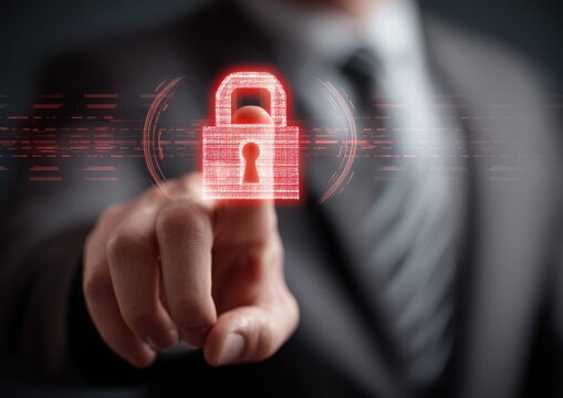 Businessman using fingerprint or touch interface to activate glowing red security padlock icon with security protection technology business information interface encryption computer