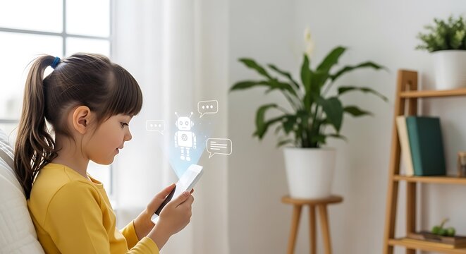 Young girl uses a tablet, interacting with a chatbot, light-filled interior, plants, books
