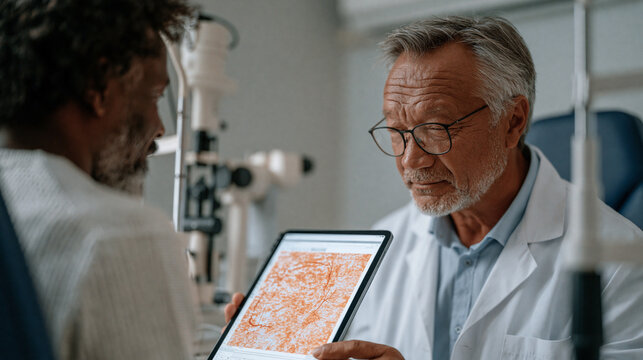 An optometrist reviews retinal scan images on a diagnostic tablet with a patient seated in the examination chair, slit lamp positioned nearby, sterile clinical setting conveying