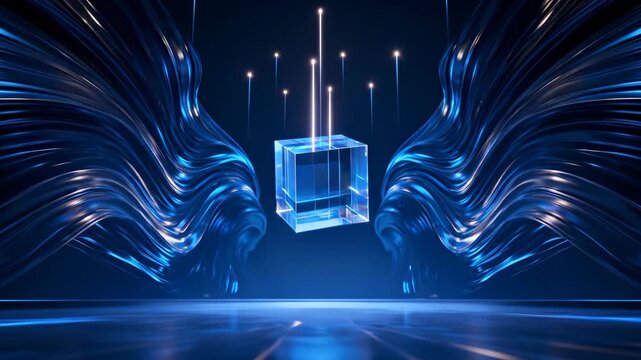 Abstract quantum computing cube technology concept with glowing data streams and blue digital waves