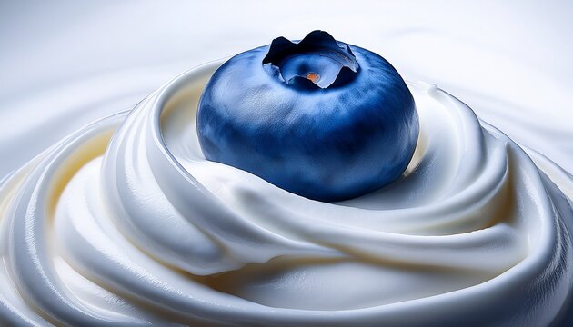 A Single Blueberry Rests Atop A Swirl Of Whipped Cream The Creamy White Texture Contrasts With The Dark Blue Color Of The Berry