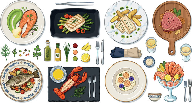 Gourmet seafood restaurant dishes set featuring salmon lobster shrimp and grilled fish vector illustration bundle