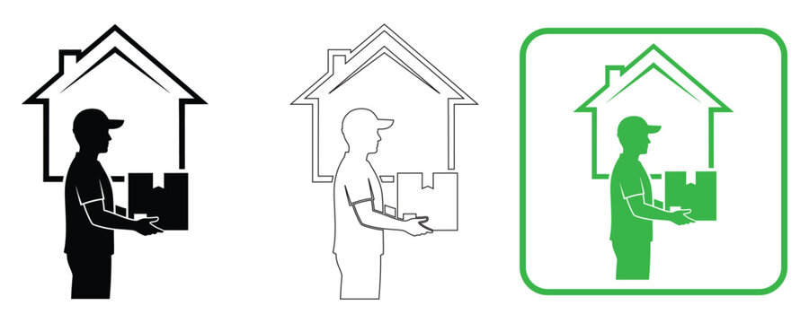 Home delivery service icon set black outline and green versions for logistics and e commerce