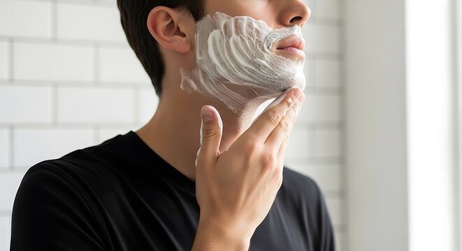 Young person applying shaving cream to their face, preparing for a shave in a bathroom