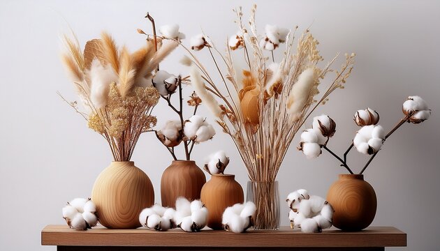 Dried Floral Stems And Cotton Arranged In Wooden Vase