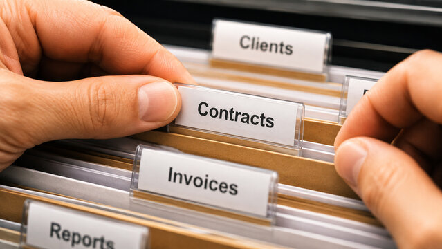 Close‑up of hands organizing labeled folders in a filing system with categories Clients Contracts Invoices and Reports symbolizing structured record management and efficient office organization.