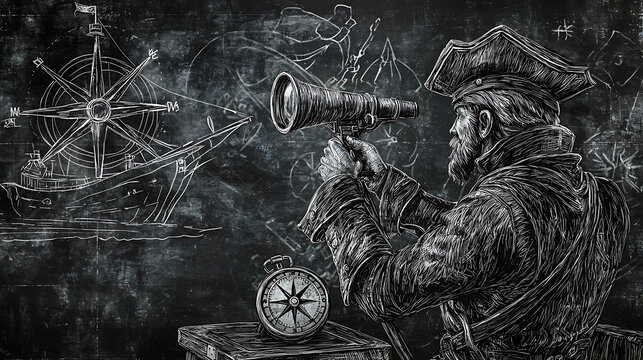 Detailed Charcoal Illustration of a Sea Captain Using a Telescope on a Pirate Ship