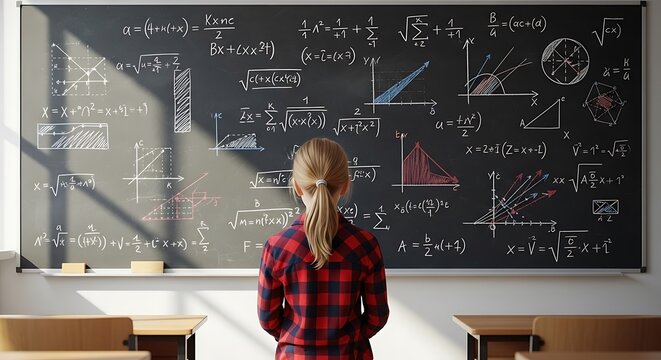 Young student stares at a chalkboard covered in math equations in a sunlit classroom