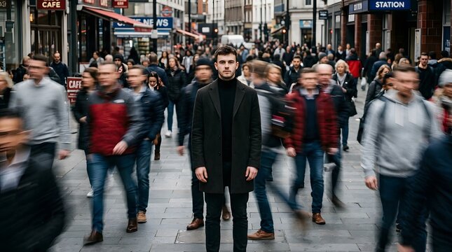 Crowd of people walking down a busy city street